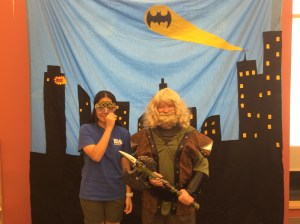 Dawn surprised to have a Dwarf near by when getting her picture with the bat call
